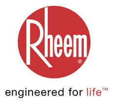 Rheem logo featuring the brand name in a bold font within a red circle, accompanied by the tagline 'engineered for life' beneath.